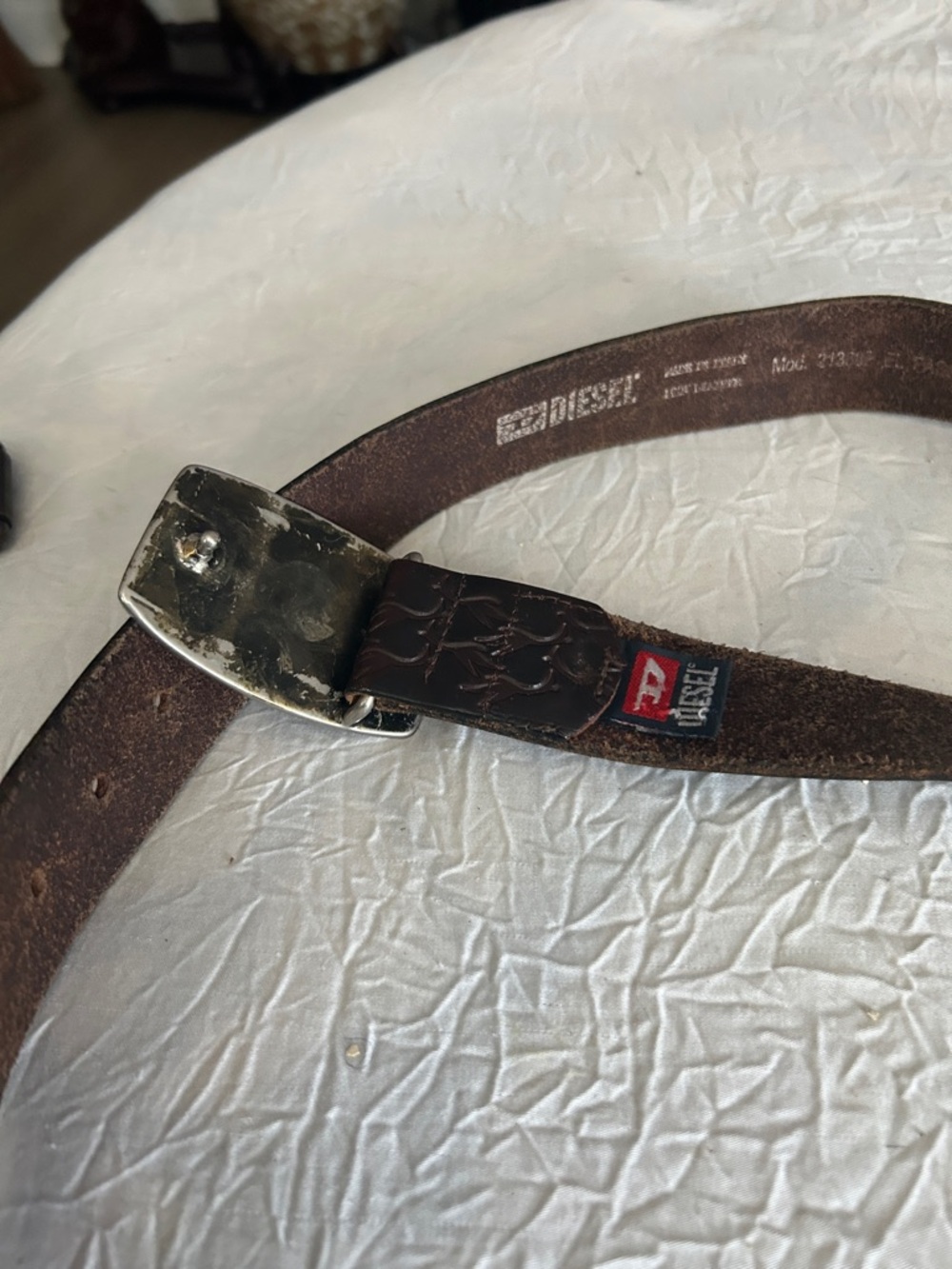 Diesel Dark Brown Tooled Leather Belt with Silver-Tone Logo Buckle - Picture 3 of 6